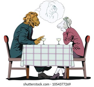 Stock illustration. People in images of animals. Male is talking to girl. Lion and Sheep.