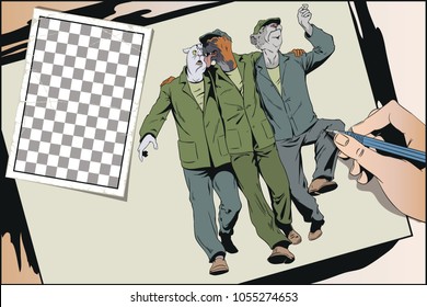 Stock illustration. People in images of animals. Three cheerful guys sing songs.