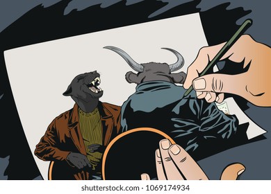 Stock illustration. People in images of animals. Talking men in bar. Bull and Panther.