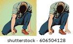 Stock illustration. People in retro style. Man tries to get up from his knees. 