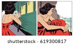 Stock illustration. People in retro style pop art and vintage advertising. Departing train. Girl is sad after parting.