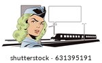 Stock illustration. People in retro style pop art and vintage advertising. Girl in uniform of train conductor.
