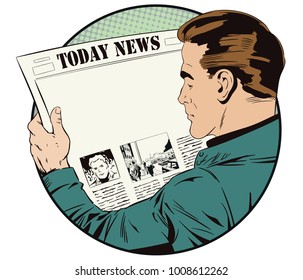 Stock illustration. People in retro style pop art and vintage advertising. Man is reading newspaper. Place for your title.