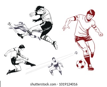 Ilustración de material. Gente en arte pop y publicidad vintage al estilo retro. Juego de futbolistas.