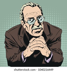 Stock illustration. People in retro style pop art and vintage advertising. Elderly man leaning on hands.