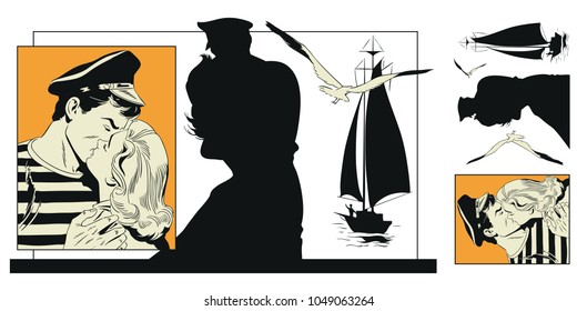 Stock illustration. People in retro style pop art and vintage advertising. Girl says goodbye to sailor.