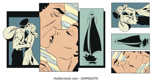 Stock illustration. People in retro style pop art and vintage advertising. Girl says goodbye to sailor.
