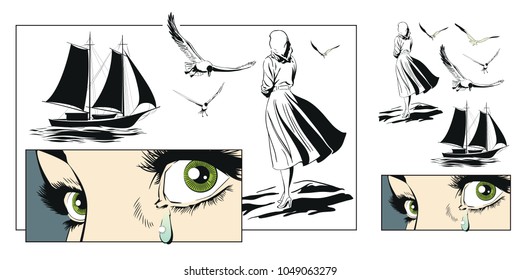 Stock illustration. People in retro style pop art and vintage advertising. Girl says goodbye to sailor.