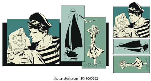 Stock illustration. People in retro style pop art and vintage advertising. Girl says goodbye to sailor.