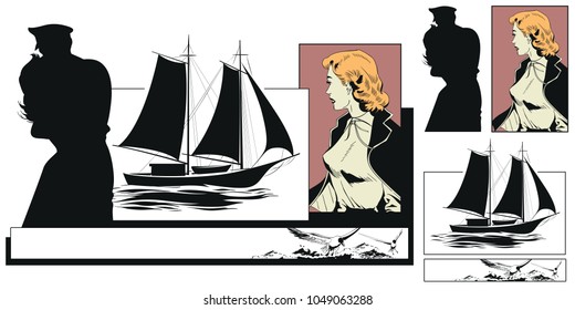 Stock illustration. People in retro style pop art and vintage advertising. Girl says goodbye to sailor.