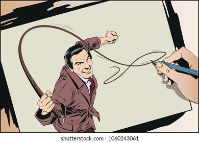 Stock illustration. People in retro style pop art and vintage advertising. Man with whip.