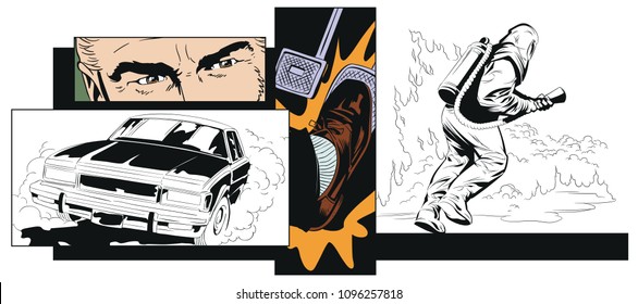 Stock illustration. People in retro style pop art and vintage advertising. Collage on theme car accident. Rescuer in protective suit.