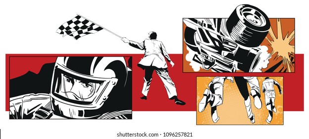 Stock illustration. People in retro style pop art and vintage advertising. Collage on theme sport and car racing.