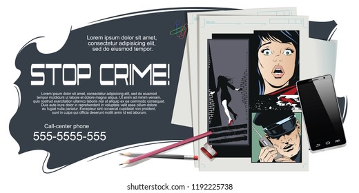 Stock illustration. People in retro style pop art and vintage advertising. Crime collage. Woman victim of criminal.