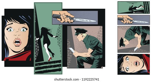 Stock illustration. People in retro style pop art and vintage advertising. Crime collage. Woman victim of criminal.