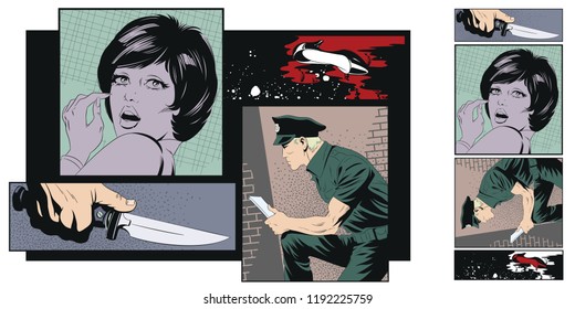 Stock illustration. People in retro style pop art and vintage advertising. Crime collage. Woman victim of criminal.