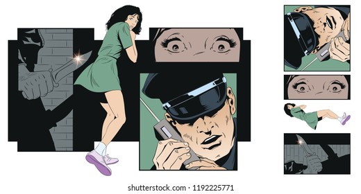 Stock illustration. People in retro style pop art and vintage advertising. Crime collage. Woman victim of criminal.