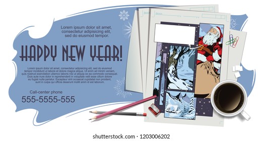 Stock illustration. People in retro style pop art and vintage advertising. Collage on theme christmas and new year.