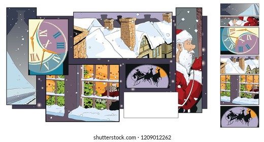 Stock illustration. People in retro style pop art and vintage advertising. Collage on theme christmas and new year.