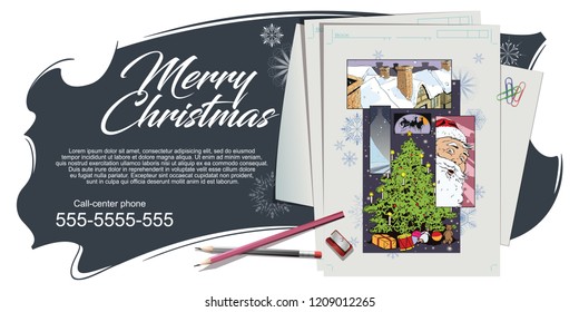 Stock illustration. People in retro style pop art and vintage advertising. Collage on theme christmas and new year.