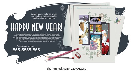 Stock illustration. People in retro style pop art and vintage advertising. Collage on theme christmas and new year.