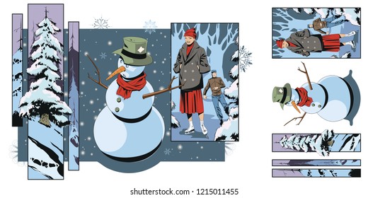 Stock illustration. People in retro style pop art and vintage advertising. Collage on theme christmas and new year.
