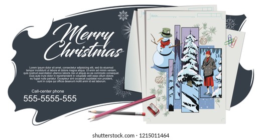 Stock illustration. People in retro style pop art and vintage advertising. Collage on theme christmas and new year.