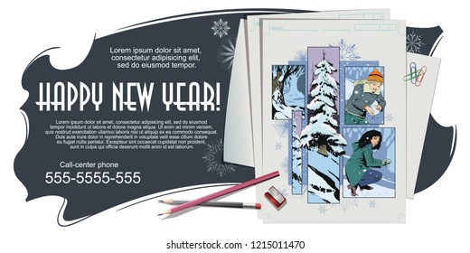 Stock illustration. People in retro style pop art and vintage advertising. Collage on theme christmas and new year.