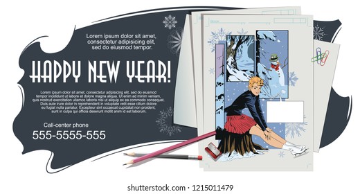 Stock illustration. People in retro style pop art and vintage advertising. Collage on theme christmas and new year.