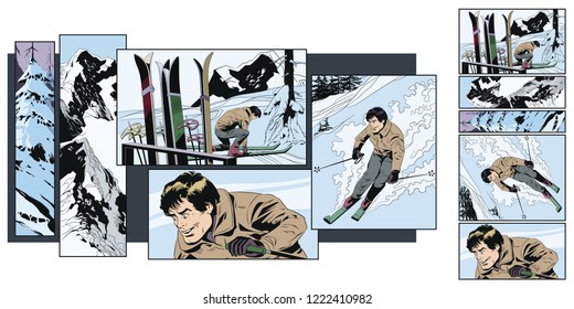 Stock illustration. People in retro style pop art and vintage advertising. Collage on theme skiing.