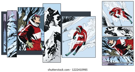 Stock illustration. People in retro style pop art and vintage advertising. Collage on theme skiing.