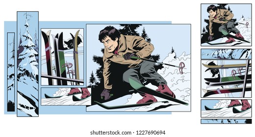 Stock illustration. People in retro style pop art and vintage advertising. Collage on theme skiing.