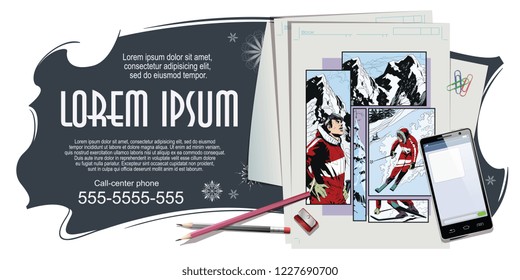 Stock illustration. People in retro style pop art and vintage advertising. Collage on theme skiing.