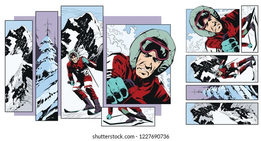 Stock illustration. People in retro style pop art and vintage advertising. Collage on theme skiing.