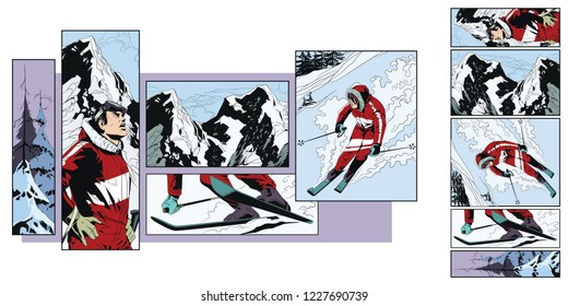 Stock illustration. People in retro style pop art and vintage advertising. Collage on theme skiing.