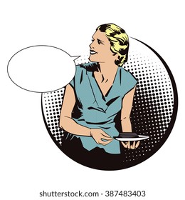 Stock illustration. People in retro style pop art and vintage advertising. Girl waitress.
