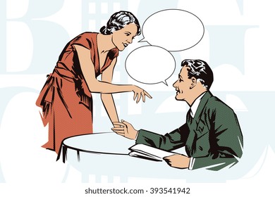 Stock illustration. People in retro style pop art and vintage advertising. Client cafes talking with the waitress.