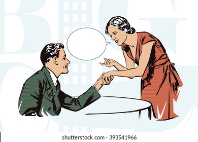Stock illustration. People in retro style pop art and vintage advertising. Client cafes talking with the waitress.