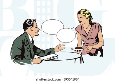 Stock illustration. People in retro style pop art and vintage advertising. Client cafes talking with the waitress.