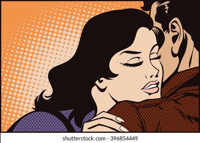 Stock illustration. People in retro style pop art and vintage advertising. Kissing couple.