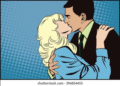 Stock Illustration. People In Retro Style Pop Art And Vintage Advertising. Kissing Couple.