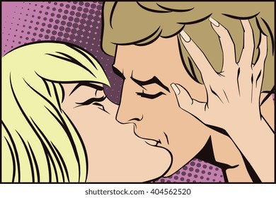 Stock illustration. People in retro style pop art and vintage advertising. Kissing couple.