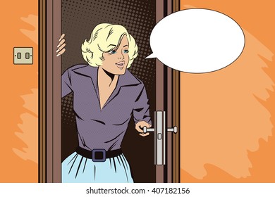 Stock illustration. People in retro style pop art and vintage advertising. Girl shows rude gesture, opening the door.