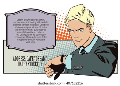 Stock illustration. People in retro style pop art and vintage advertising. A man looks at his watch.