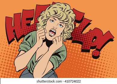 Stock illustration. People in retro style pop art and vintage advertising. Girl screams in fear.