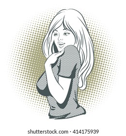 Stock illustration. People in retro style pop art and vintage advertising. Shy girl.