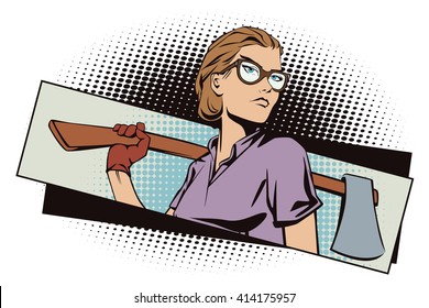 Stock illustration. People in retro style pop art and vintage advertising. Girl with an ax.