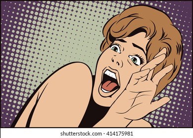 Stock illustration. People in retro style pop art and vintage advertising. Girl screaming in horror.