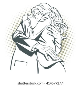 Stock illustration. People in retro style pop art and vintage advertising. Loving couple.