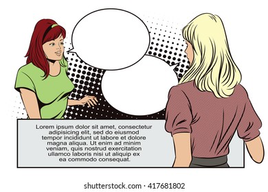 Stock illustration. People in retro style pop art and vintage advertising. Talking girls.